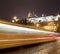 Movement of trams to nightlife Prague, Czech Republic