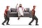 Mover carrying a couch with a saudi arab man sitting and pointing up