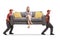 Mover carrying a sofa with woman resting on a sofa and using a mobile phone