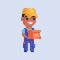Mover delivery service worker with cardboard. Character courier in pixel art