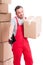 Mover guy holding box and showing his empty wallet