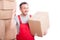 Mover guy holding cardboard box making great idea gesture