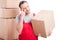 Mover guy holding cardboard box making thinking gesture