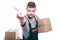 Mover guy holding cardboard box showing denial gesture