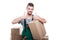 Mover guy holding cardboard box showing double like