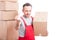 Mover guy holding cardboard box showing obscene gesture