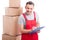 Mover guy smiling and counting or writing on clipboard