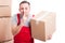 Mover man holding box and showing sush gesture