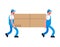 Movers and large box. Porters carry box. Delivery service. Loader mover man holding. Moving Vector illustration