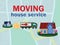 Movers service. Illustration of truck, houses