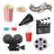 Movie 3d icons. Camera cinema stereo glasses popcorn clapper and megaphone for film production vector realistic pictures