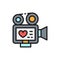 Movie camera with film strip, video of love story, wedding flat color line icon.