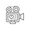 Movie camera with film strip, video of love story, wedding recording line icon.