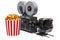 Movie camera with popcorn container. Cinema concept, 3D rendering
