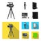 A movie camera, a suit for special effects and other equipment. Making movies set collection icons in black, flat style