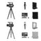 A movie camera, a suit for special effects and other equipment. Making movies set collection icons in black,monochrom