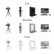 A movie camera, a suit for special effects and other equipment. Making movies set collection icons in black,monochrome