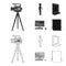 A movie camera, a suit for special effects and other equipment. Making movies set collection icons in black,outline