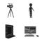 A movie camera, a suit for special effects and other equipment. Making movies set collection icons in black style vector