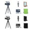 A movie camera, a suit for special effects and other equipment. Making movies set collection icons in cartoon,black