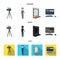 A movie camera, a suit for special effects and other equipment. Making movies set collection icons in cartoon,black,flat