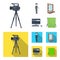 A movie camera, a suit for special effects and other equipment. Making movies set collection icons in cartoon,flat style