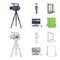 A movie camera, a suit for special effects and other equipment. Making movies set collection icons in cartoon,outline