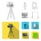 A movie camera, a suit for special effects and other equipment. Making movies set collection icons in outline,flat style