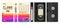Movie cassette label. Beta box. 1980s old design camera technology. Black layout. Music recorder. VHS packaging design