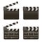 Movie clap board. Film open and close clappers, film production clapperboard. Cinema clapper boards isolated vector