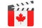 Movie clapperboard with Canadian flag, film industry concept. 3D rendering