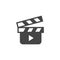 Movie clapperboard glyph icon. Cinema symbol. Clapper board flat logo. Tool to shoot video scenes, cinematography label