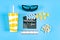 Movie clapperboard, popcorn, decorative hearts, film strip and paper glass with a drink on a blue