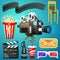 Movie elements set. Vintage cinema, entertainment and recreation with popcorn. Retro poster background. Clapperboard and