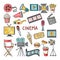 Movie entertainment vector icon set. Pictures in hand drawn style