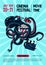 Movie festival poster with octopus and cinema equipment. Cinematography web banner template. Cartoon vector illustration