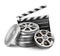 Movie film disk with tape and directors clapper for cinematography filmmaking. Vector illustration. Illustrative editorial use