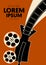 Movie and film poster design template background with vintage film camera and filmstrip