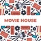 movie house, cinema, filmmaking, horizontal baner. popcorn bucket, drink, movie camera, ticket, 3d glasses, videotape, movie