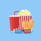 Movie poster template. Popcorn, soda takeaway, 3d cinema