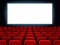 Movie premiere event at cine theatre. Cinema white blank screen at movie hall interior with empty seats vector