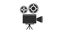 Movie projector with film reel. Black icon on white background. Animated 4k video