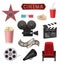 Movie realistic. Cinema objects camera camcorder film tape clapperboard vector collection