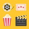 Movie reel Open clapper board Popcorn Ticket Cinema icon set. Flat design style. Yellow background.