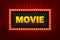 Movie in Retro lightbox with light bulbs on a silky luxury curtain stage. Vintage theater signboard mockup. Red