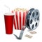 Movie showing with Popcorn, film reel and drinks