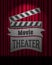 Movie theater logo on dark red curtain scene gracefully.