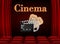 Movie theater with row of red seats popcorn and tickets. Premiere event template. Online Cinema art movie. On Super Show design.