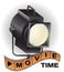 Movie time banner with spotlight for filming actors, film strip on white background. Cinema festival