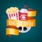 Movie time in cinema, entertainment vector illustration. Film with popcorn box, cinematography video striped concept